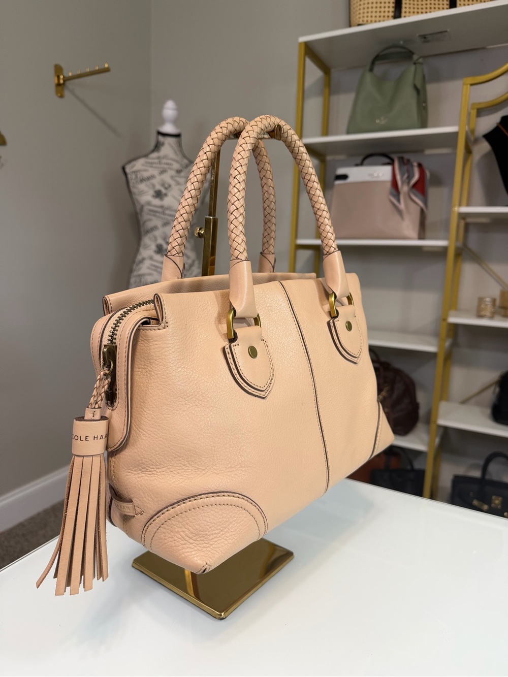 Cole Haan Saddle Satchel Beige Leather with Braided Handles & Tassel